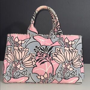 Prada RARE STAMPATA CANAPA ROSA FLORA Pink and Gray Tote w/ Prada strap!